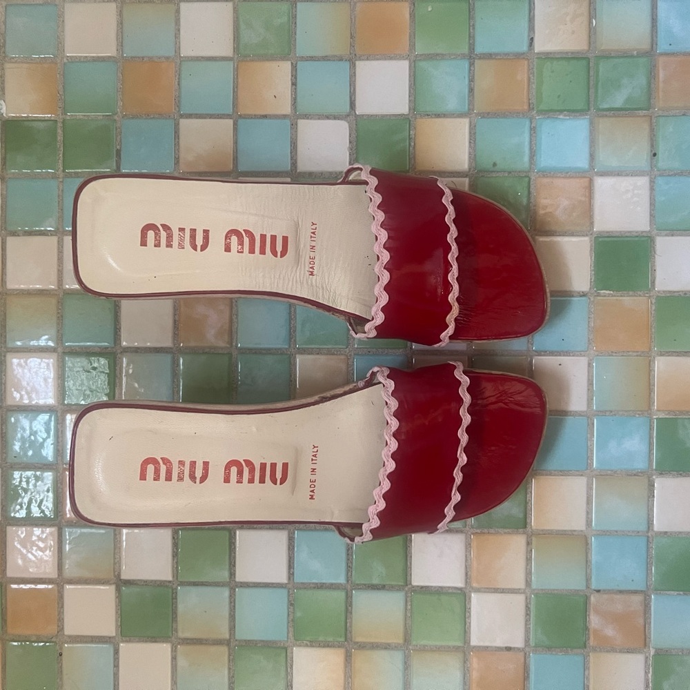 Vintage 90s Miu Miu Red Patent Leather wooden block heel slide sandals